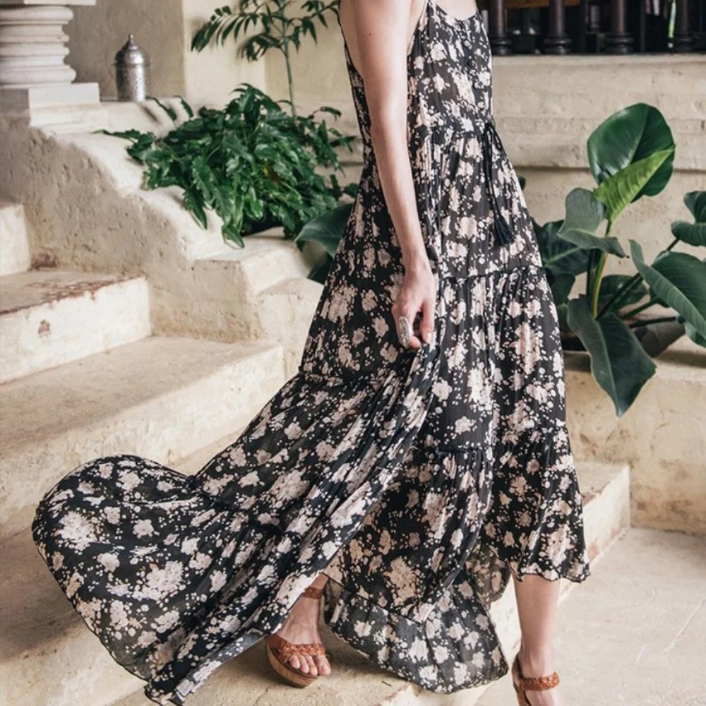 Spell Black Floral Tiered Maxi Dress with Cream Blooms - Picture 3 of 8